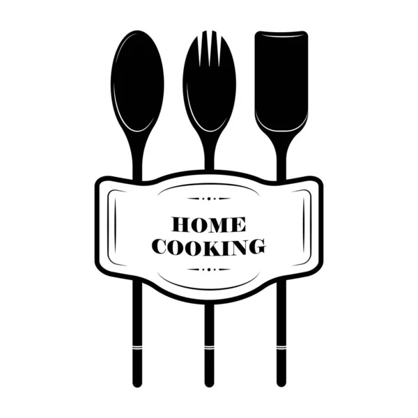 Home Cucina Logo Con Utensili Cucina Sfondo Bianco — Vettoriale Stock