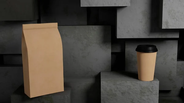 Coffee Paper Cup Bag Concrete Background Mockup Template Εικονογράφηση — Φωτογραφία Αρχείου