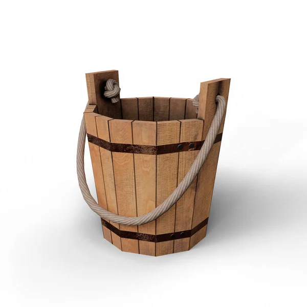Wooden Bucket with Rope Handle. 3D Illustration. File with Clipping Path.