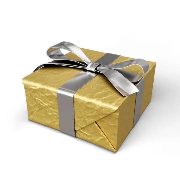 Golden Gift Box Silver Ribbon Bow Template Present Valentine Birthday — Fotografia de Stock