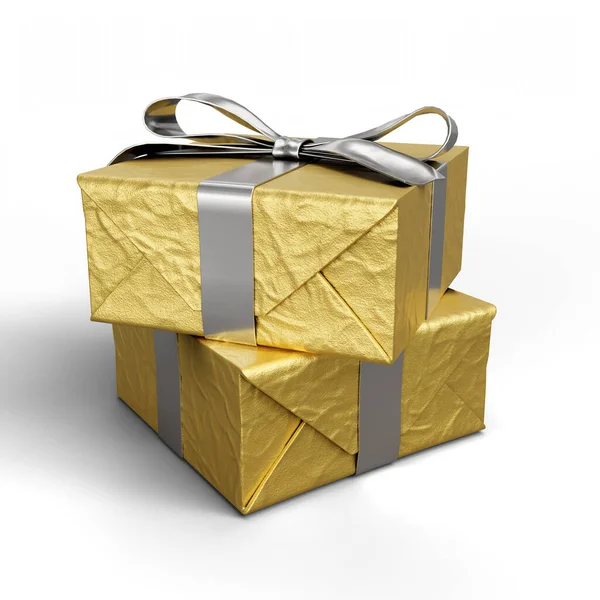 Golden Gift Box Silver Ribbon Bow Template Present Valentine Birthday — Fotografia de Stock