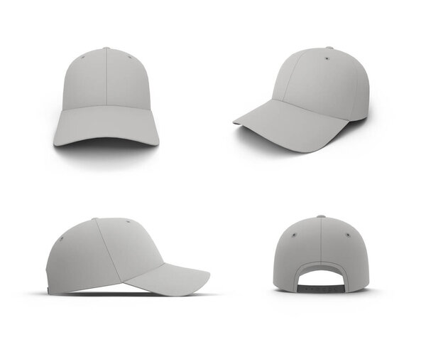 Cap Set of Various Angle View. Sports Uniform Headwear Clothing Thematic Collage Template. 3D Illustration. File with Clipping Path. 