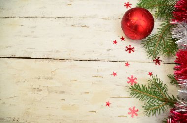 Noel tatil kompozisyon kopya alanı metniniz için Beyaz ahşap zemin üzerine