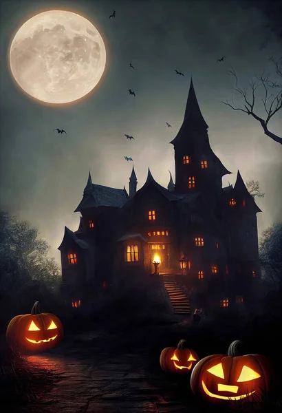 Castelo Gótico Medieval Noite Escura Halloween Com Abóboras Primeiro Plano — Fotografia de Stock