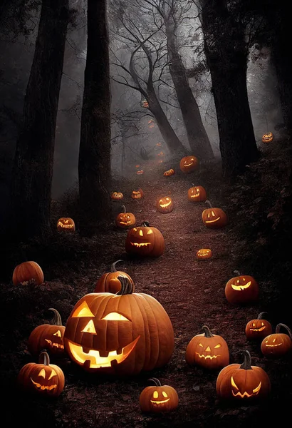 Straszne Dynie Halloween Szlaku Nawiedzonego Lasu Ponury Jesienny Dzień — Zdjęcie stockowe