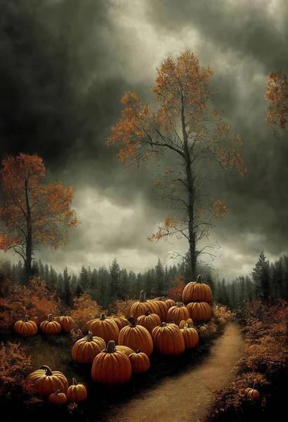 Jesienny Szlak Leśny Dyniami Poboczu Drogi Ciemne Dramatyczne Niebo Zachmurzone — Zdjęcie stockowe