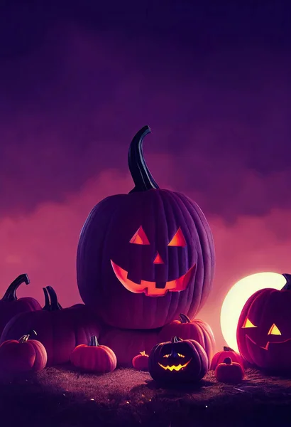 Straszne Dynie Halloween Pod Purpurowym Niebem Niski Księżyc Tle — Zdjęcie stockowe