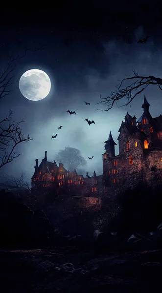 Medieval Gothic Castle Dark Halloween Night Super Moon Bats Flying Stock Photo