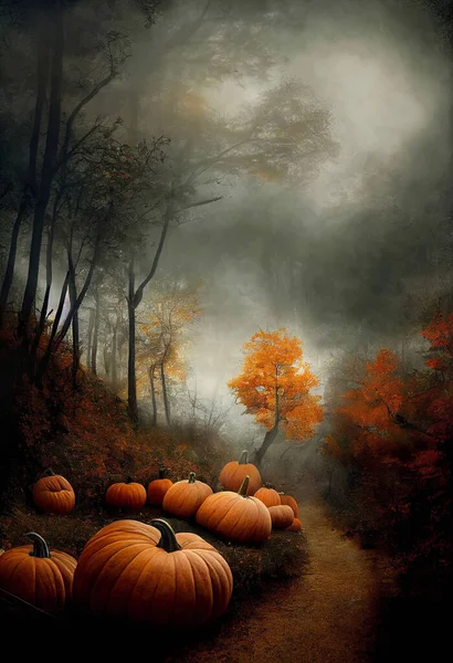 秋天的森林小径 路边点缀着南瓜 乌云密布 免版税图库图片