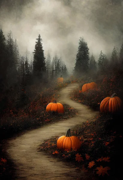 Autumn Forest Trail Pumpkins Roadside Dark Dramatic Overcast Sky Stock Image