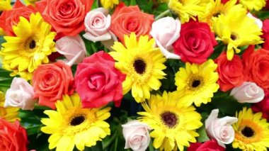 Kasımpatı ve güller sanatsal olarak hediye olarak dekore edilir, tebrikler, doğum günleri, düğünler, insanlara neşe getirir..