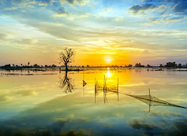Sunset Landscape Vast Floodplain Wetlands Bring Alluvium Upcoming Rice Crops — ストック写真