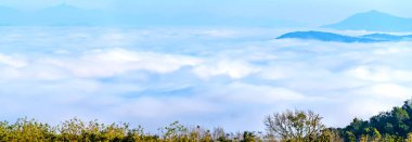 Da Lat Highland, Vietnam 'da sisle kaplı vadiyi seyreden yeni bir sabah manzarası.