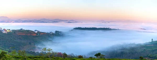 New Morning Scene Top Hill Looking Fog Covering Valley Peaceful — Stockfoto