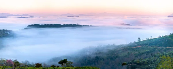 New Morning Scene Top Hill Looking Fog Covering Valley Peaceful — Stock Photo, Image