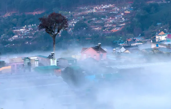 Sabah sisinde bulanık küçük bir kasabadaki sabah manzarası Da Lat, Vietnam 'ın dağlık kesimlerinde huzurludur.