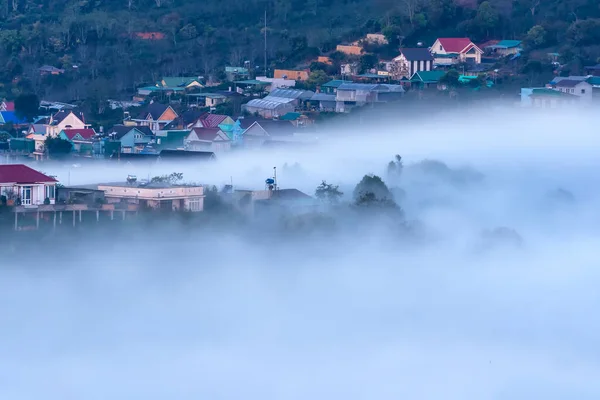 Morning Landscape Small Town Blurred Morning Mist Peaceful Highlands Lat —  Fotos de Stock