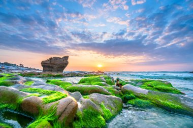 Rocky plajı ve yeşil yosun gündoğumunda gökyüzünde Orta Vietnam 'da güzel bir plajda