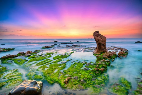 Rocky Beach Green Moss Sunrise Sky Beautiful Beach Central Vietnam — Stock Photo, Image