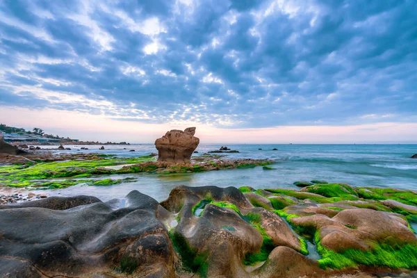 Rocky plajı ve yeşil yosun gündoğumunda gökyüzünde Orta Vietnam 'da güzel bir plajda