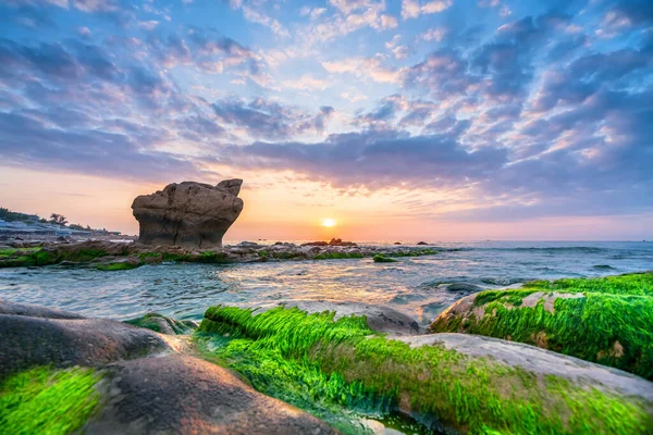 Rocky plajı ve yeşil yosun gündoğumunda gökyüzünde Orta Vietnam 'da güzel bir plajda