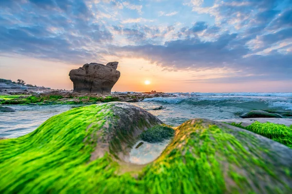 Rocky plajı ve yeşil yosun gündoğumunda gökyüzünde Orta Vietnam 'da güzel bir plajda
