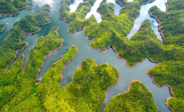 Ta Dung Gölü sabah yukarıdan görülebiliyor. Küçük adalarla birbiri ardına birçok yeşil ağaç muhteşem bir güzellik yaratıyor. Bu Dak Nong, Vietnam 'daki en büyük hidroelektrik gölü.