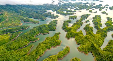 Ta Dung Gölü sabah yukarıdan görülebiliyor. Küçük adalarla birbiri ardına birçok yeşil ağaç muhteşem bir güzellik yaratıyor. Bu Dak Nong, Vietnam 'daki en büyük hidroelektrik gölü.
