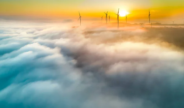 Aerial View Top Hill Dawn Fog Covering Small Village Valley — Stock Photo, Image