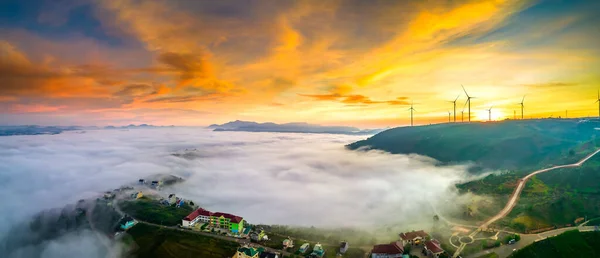 Aerial View Top Hill Dawn Fog Covering Small Village Valley — Photo