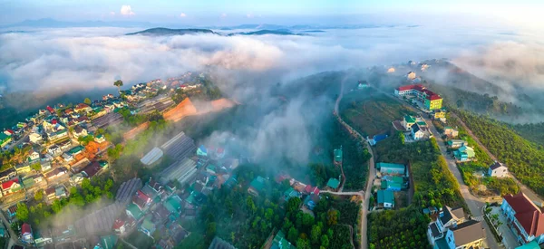 Aerial View Town Early Morning Mist Beautiful Highlands Lat Vietnam — Stockfoto