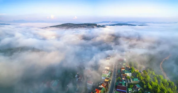 Aerial View Town Early Morning Mist Beautiful Highlands Lat Vietnam — Stockfoto