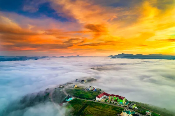 Aerial View Town Mist Sunrise Sky Beautiful Highlands Lat Vietnam — Stockfoto