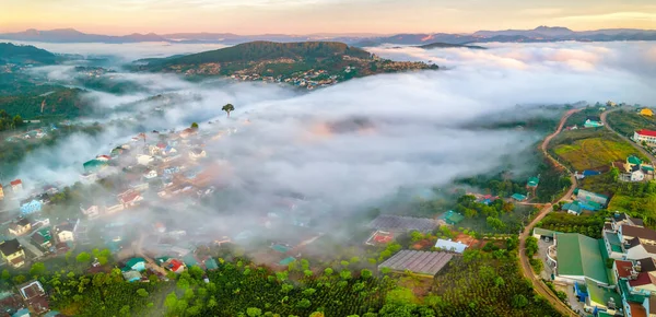 Aerial View Town Mist Sunrise Sky Beautiful Highlands Lat Vietnam — Stok fotoğraf