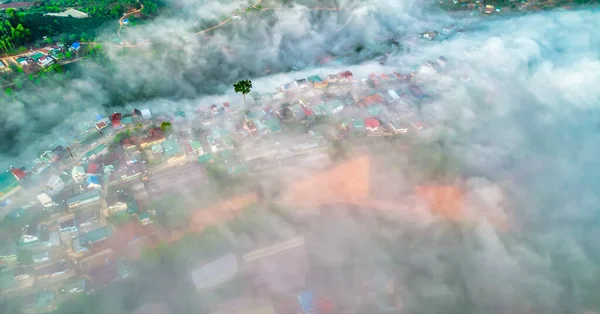 Aerial View Town Early Morning Mist Beautiful Highlands Lat Vietnam — Photo