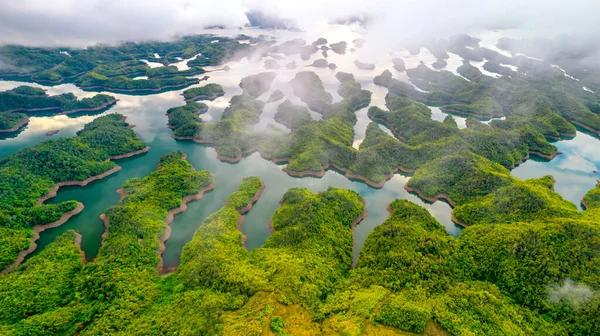 風景タDung氏湖の小さな島の連続で多くの緑の木々と午前中に上記から壮大な美しさを作成するために見られる ベトナムのダックノンで最大の水力発電所です — ストック写真