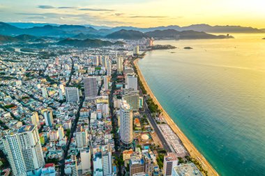 The coastal city of Nha Trang seen from above on at dawn. This is a famous city for cultural tourism in central Vietnam