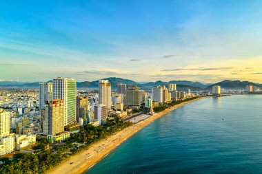 The coastal city of Nha Trang seen from above in the morning, beautiful coastline. This is a city that attracts to relax in central Vietnam