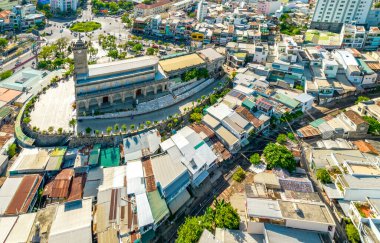 Nha Trang, Vietnam - July 4th, 2022: Aerial view Stone cathedral in Nha Trang city. The oldest church built by the French in the 19th century in Nha Trang, Vietnam
