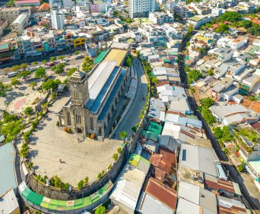 Nha Trang, Vietnam - July 4th, 2022: Aerial view Stone cathedral in Nha Trang city. The oldest church built by the French in the 19th century in Nha Trang, Vietnam