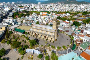 Nha Trang, Vietnam - July 4th, 2022: Aerial view Stone cathedral in Nha Trang city. The oldest church built by the French in the 19th century in Nha Trang, Vietnam