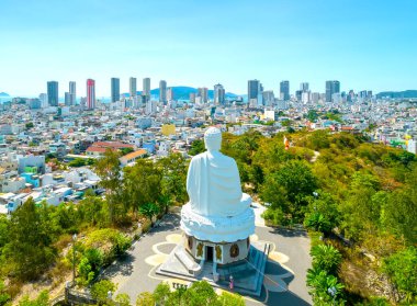 Aerial view big white Buddha in Long Son pagoda in Nha Trang, Vietnam in a summer day