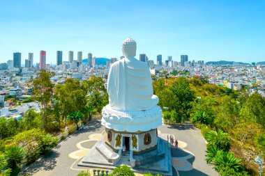 Aerial view big white Buddha in Long Son pagoda in Nha Trang, Vietnam in a summer day