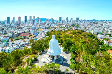 Aerial view big white Buddha in Long Son pagoda in Nha Trang, Vietnam in a summer day