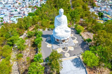 Aerial view big white Buddha in Long Son pagoda in Nha Trang, Vietnam in a summer day