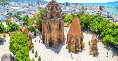 Nha Trang, Vietnam - July 4th, 2022: Appeal architectural complex Po Nagar Cham towers with three hierarchical church tower of Cham goddess State Pharmaceutical national monument in Nha Trang, Vietnam.