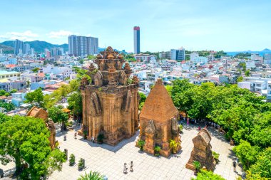 Nha Trang, Vietnam - July 4th, 2022: Appeal architectural complex Po Nagar Cham towers with three hierarchical church tower of Cham goddess State Pharmaceutical national monument in Nha Trang, Vietnam.