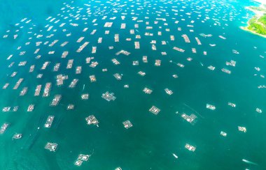 Vung Ro Bay seen from above includes fishing rafts, fishing boats, and fishermen's shelter from storms in central Vietnam.