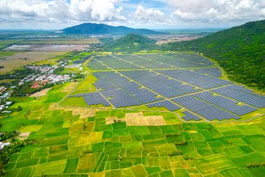 Pirinç tarlaları sabahları Vietnam 'ın sınır bölgesindeki tarım ve enerji sanayiinin bir kombinasyonu olan güneş enerjisi alanlarıyla kesişiyordu.