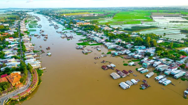 Village Flottant Long Rivière Hau Sur Frontière Vietnamienne Vue Aérienne — Photo